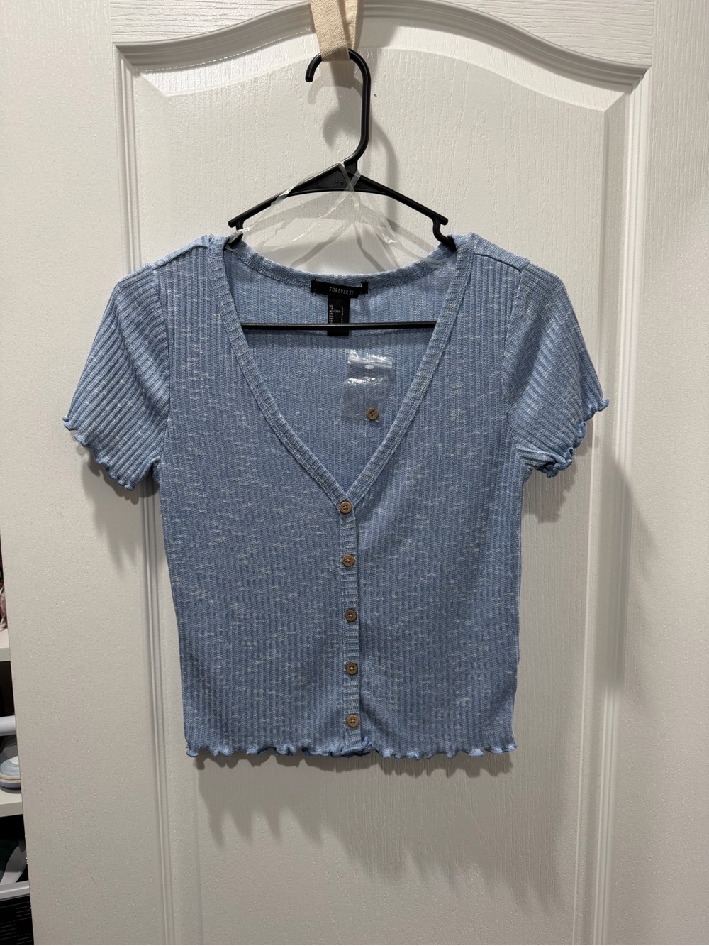 Forever 21 Light Blue Ribbed Button-Front V-Neck Top